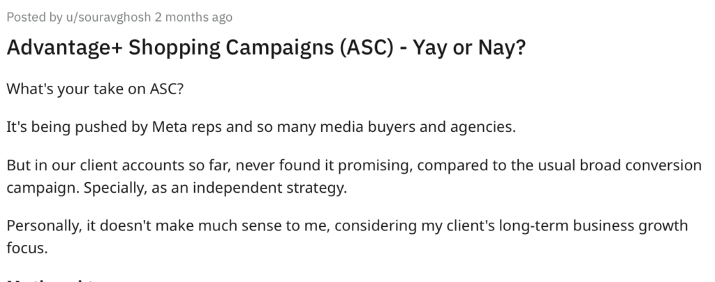 Screenshot from reddit where a user says ASC campaigns did not work for him compared to the usual broad conversion campaign.